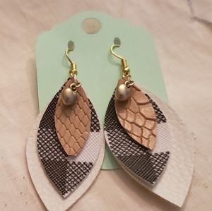 Faux Leather White/Black Plaid/Tan Teardrop Earrin